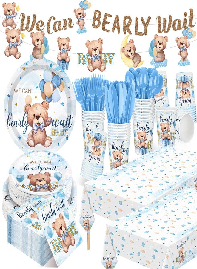 Yiyiring 405 Pcs Baby Shower Tableware Set It's a Boy Blue Bear Decoration We Can Bearly Wait Baby Shower Plates and Napkins Supplies Include Tablecloth Banner Cups for 50 Guests Blue Spring Theme - Image 1