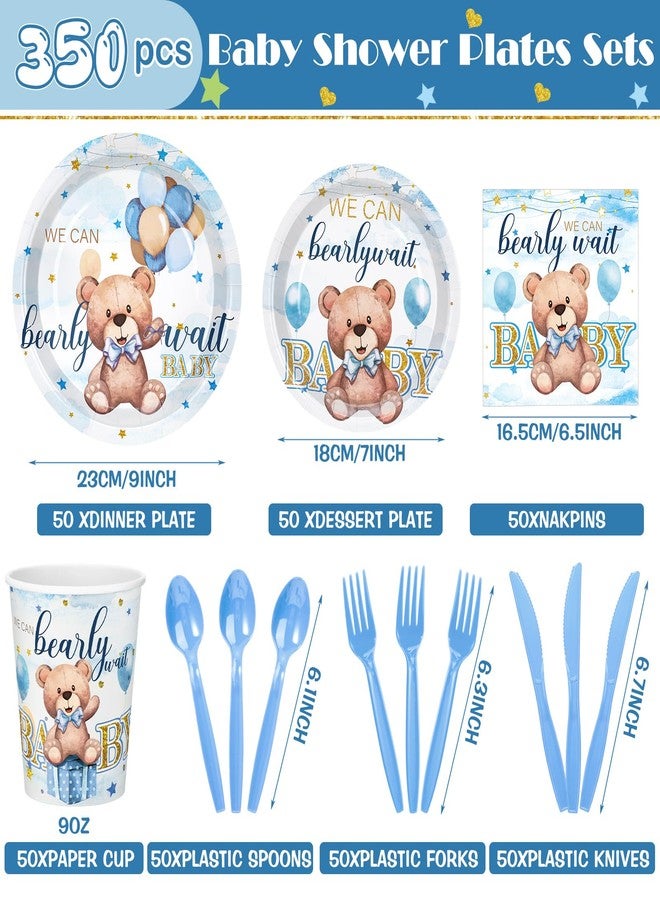 Yiyiring 405 Pcs Baby Shower Tableware Set It's a Boy Blue Bear Decoration We Can Bearly Wait Baby Shower Plates and Napkins Supplies Include Tablecloth Banner Cups for 50 Guests Blue Spring Theme - Image 3