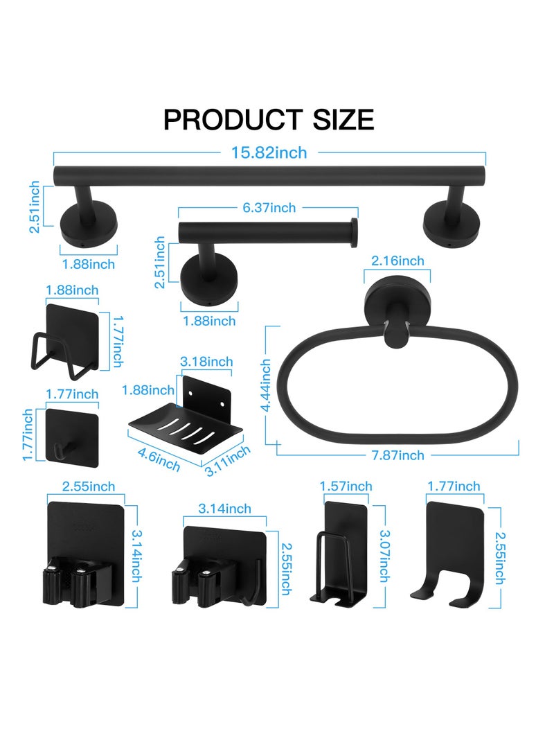 XiuWoo 15 Pieces Bathroom Hardware Set Matte Black Adjustable Towel Bar Bathroom Accessory Set Wall Mounted Robe Hook Toilet Paper Holder Towel Ring Towel Bar Soap Toothbrush Bath Flower Holder - Image 2