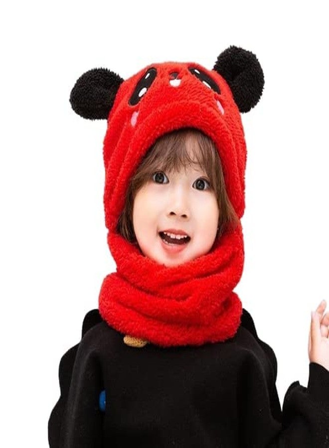 VINSON Kid's Winter Warm Faux Fur Animal Panda Balaclava Hat Full Cover Earflap Hood Cap Neck Warmer Scarf (Red Color) - Image 1