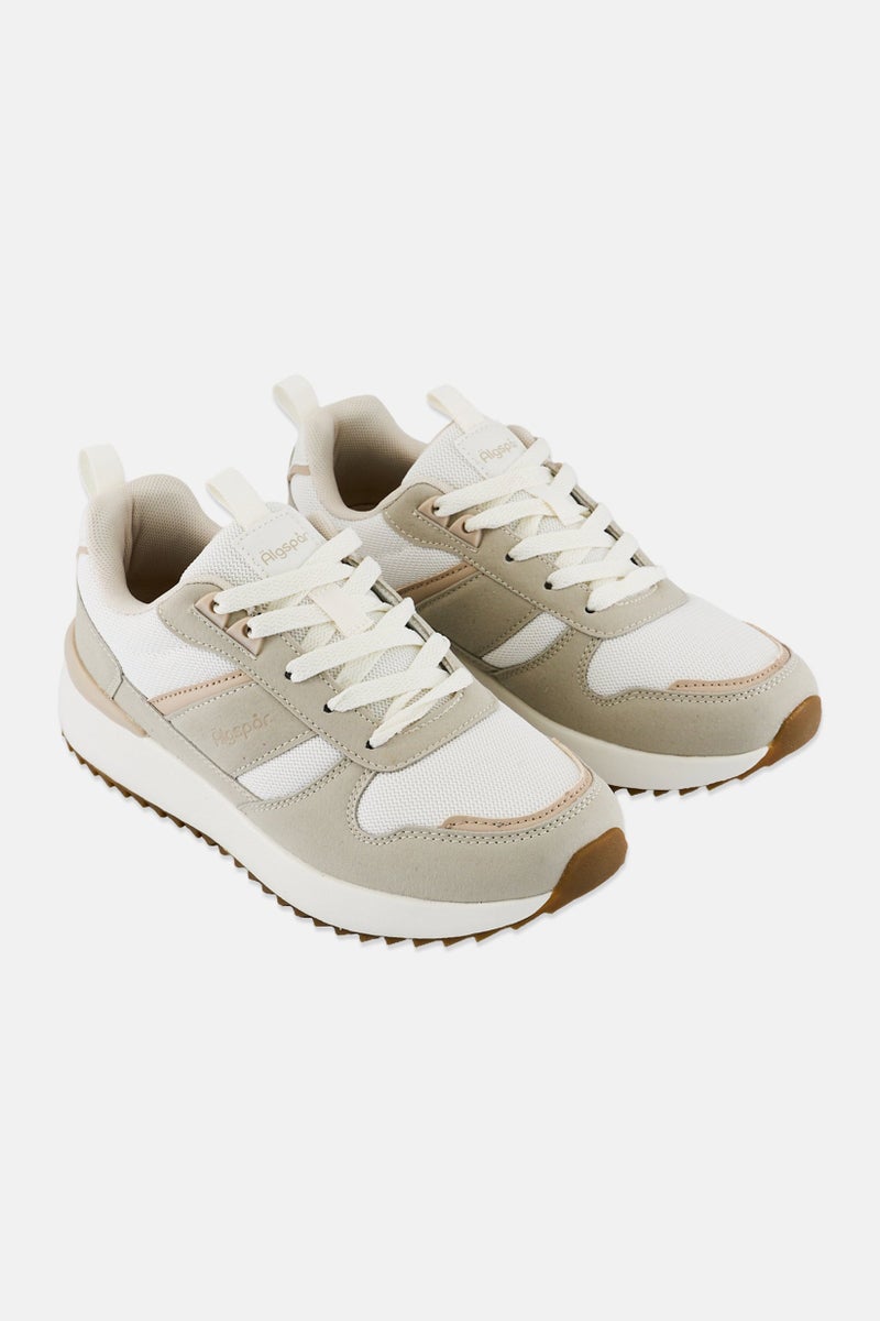 Algspar Women Brand Logo Lace Up Outdoor Shoes, Light Beige - Image 1
