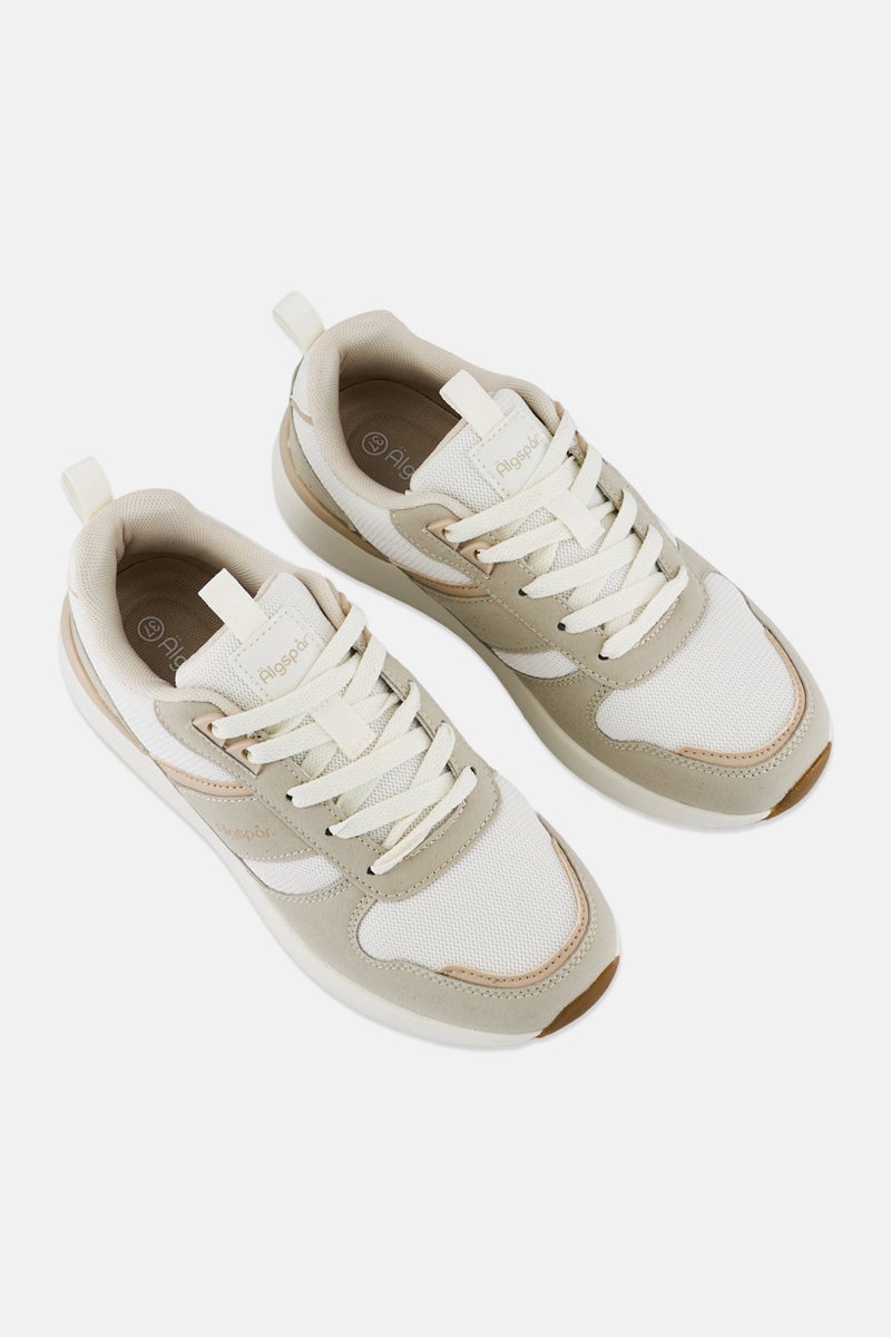 Algspar Women Brand Logo Lace Up Outdoor Shoes, Light Beige - Image 4