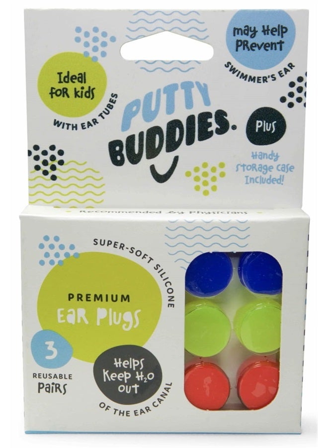 Putty Buddies Buddies Original Swimming Earplugs, 3-Pair Pack (Red/Blue/Yellow) - Image 1