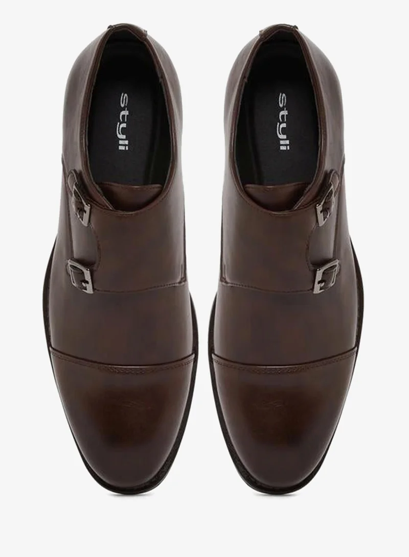 Styli brown Brown Leather Double Monk Strap Shoes for Men | Best Price UAE