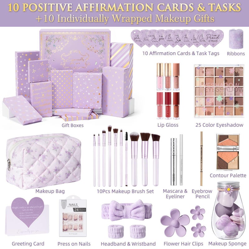 Qinline Teen Girl Gifts Trendy Stuff, 10 Positive Affirmation Cards & Empowering Challenges to Unlock 10 Wrapped Makeup Gift Set Motivational Birthday Easter Egg Stuffers Gift Basket for Tween & Teenage Girls - Image 2