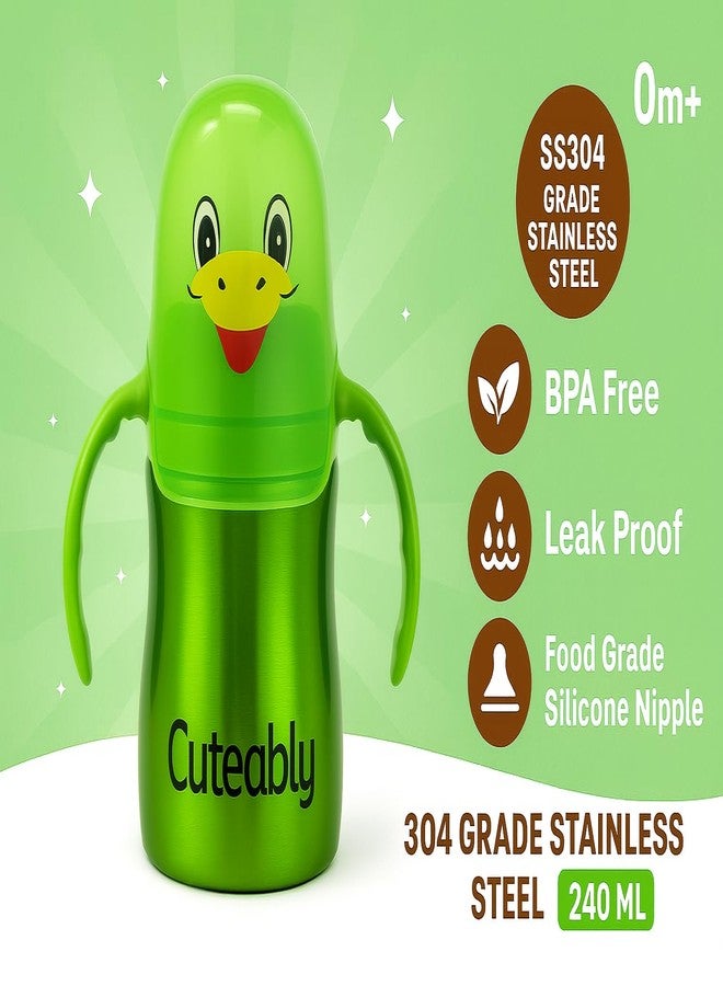 Cuteably 3-in-1 Stainless Steel Baby Bottle, 240ml, (Green) - Image 2