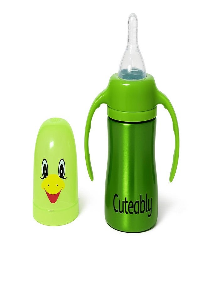 Cuteably 3-in-1 Stainless Steel Baby Bottle, 240ml, (Green) - Image 1