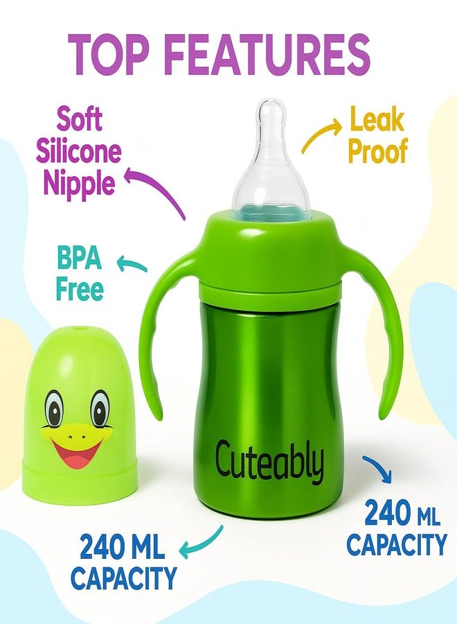 Cuteably 3-in-1 Stainless Steel Baby Bottle, 240ml, (Green) - Image 5