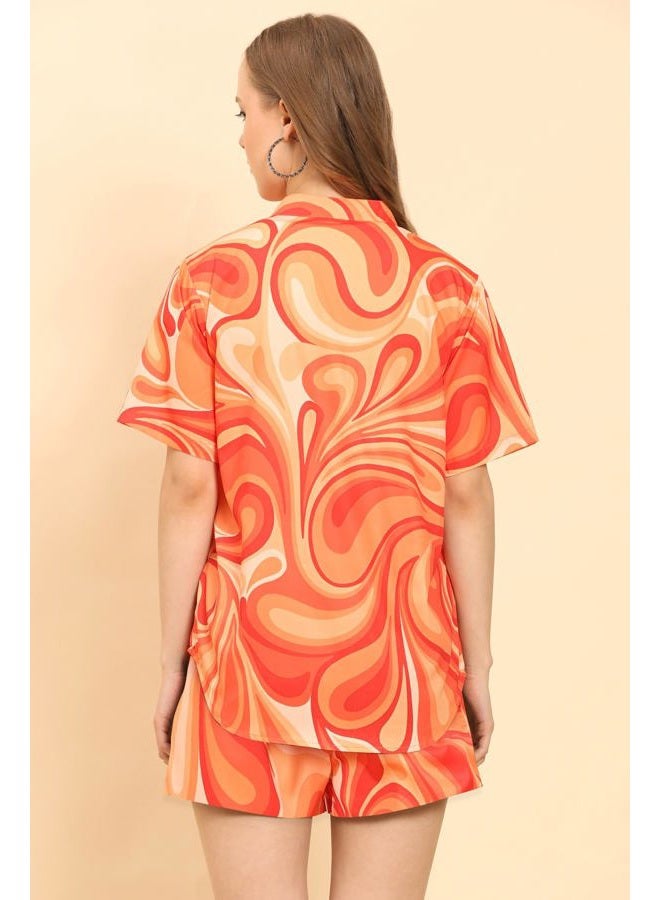 ENCIGER Womens Printed Casual Shirts and Shorts Set 2-Piece Co Ord Set for Women Vacation Outfit (WMSS1_Orange Red_M) - Image 2