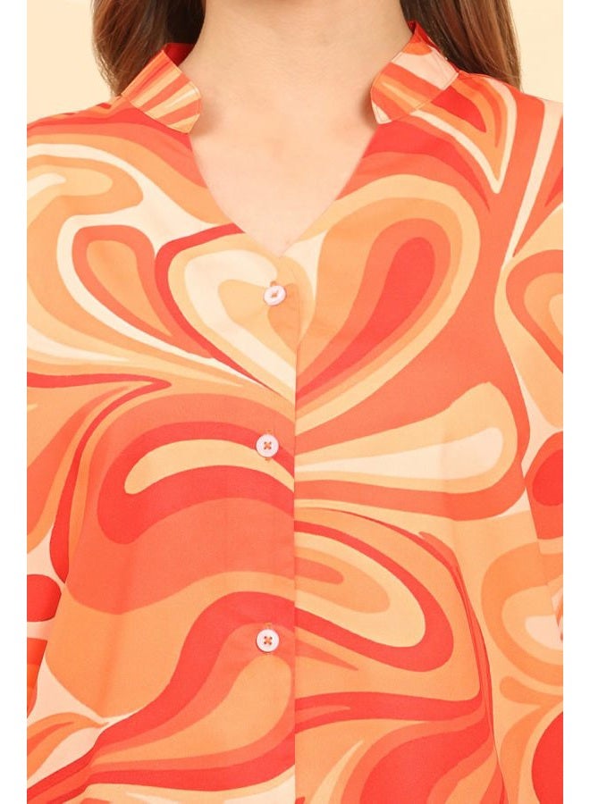 ENCIGER Womens Printed Casual Shirts and Shorts Set 2-Piece Co Ord Set for Women Vacation Outfit (WMSS1_Orange Red_M) - Image 3