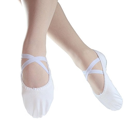 Danzcue Girl's Canvas/Leather Ballet Shoes Split Sole Ballet Slippers for Girl Dance Shoes, White, 13M - Image 2