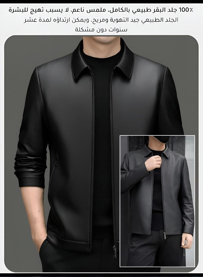 جاكيت جلدية رجالية فاخرة بياقة جلدية من جلد البقر - Image 4