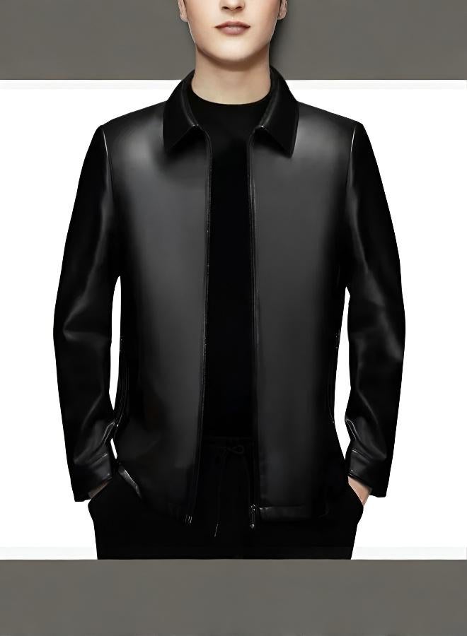 جاكيت جلدية رجالية فاخرة بياقة جلدية من جلد البقر - Image 1