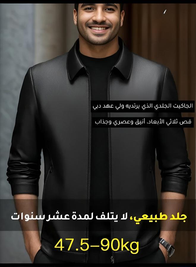 جاكيت جلدية رجالية فاخرة بياقة جلدية من جلد البقر - Image 2