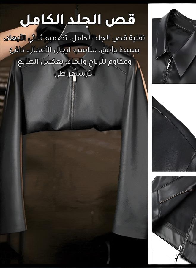 جاكيت جلدية رجالية فاخرة بياقة جلدية من جلد البقر - Image 3