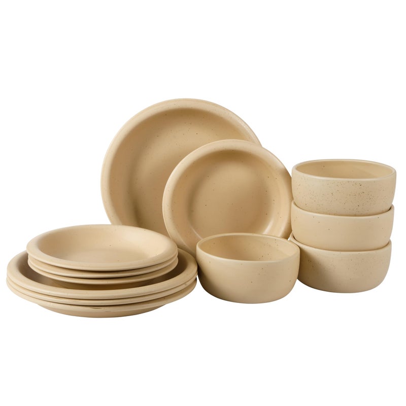 Bloomhouse - Two Time Oprah's Favorite Things Winner - Corsica Clay 12 Piece Stoneware Rustic Reactive Glaze Dinnerware Set - Stackable Plates Bowls Set. Service for 4 - Matte Finish Cappuccino Cream - Image 1