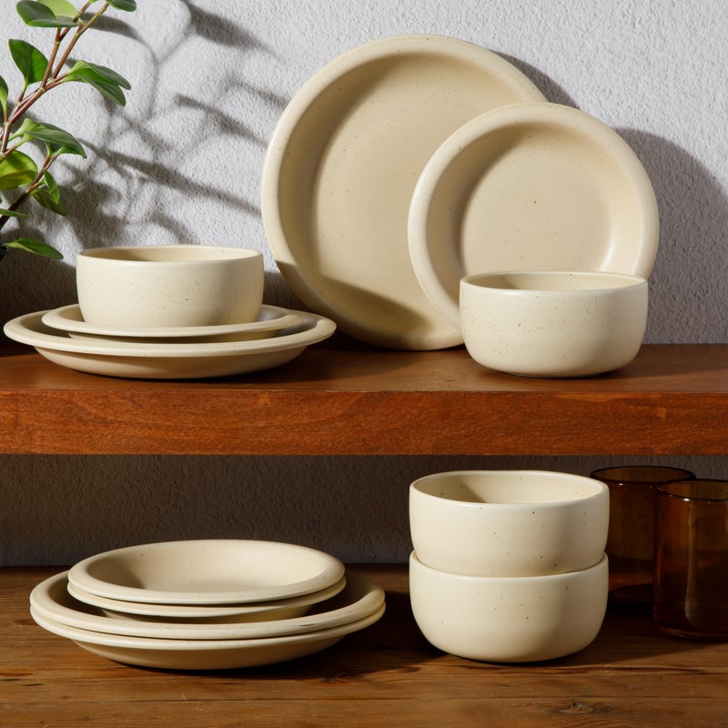 Bloomhouse - Two Time Oprah's Favorite Things Winner - Corsica Clay 12 Piece Stoneware Rustic Reactive Glaze Dinnerware Set - Stackable Plates Bowls Set. Service for 4 - Matte Finish Cappuccino Cream - Image 5