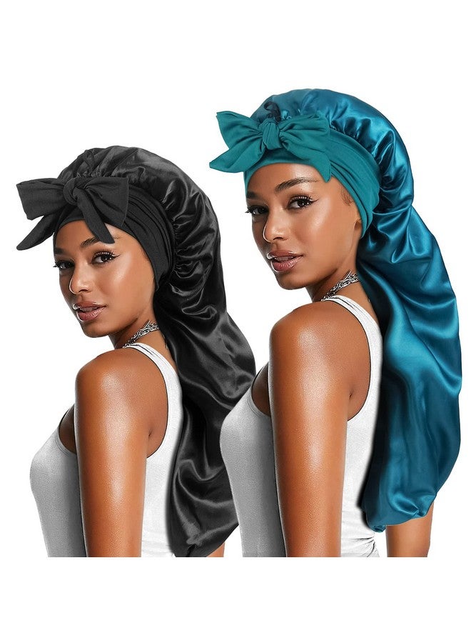 Heniho 2Pcs Long Satin Bonnets With Tie Band, Large Braid Bonnet Silky Hair Cap For Locs Women Sleeping, D - Image 1