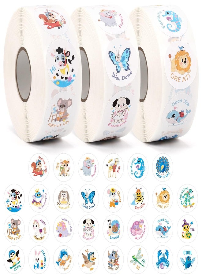 Wercokt 3000 PCS Animal Stickers, 3 Rolls Kids Stickers, 1 Inch, 30 Designs Cute Animal Sticker with Motivational Words, for Kid Reward School Supplies Stickers - Image 1