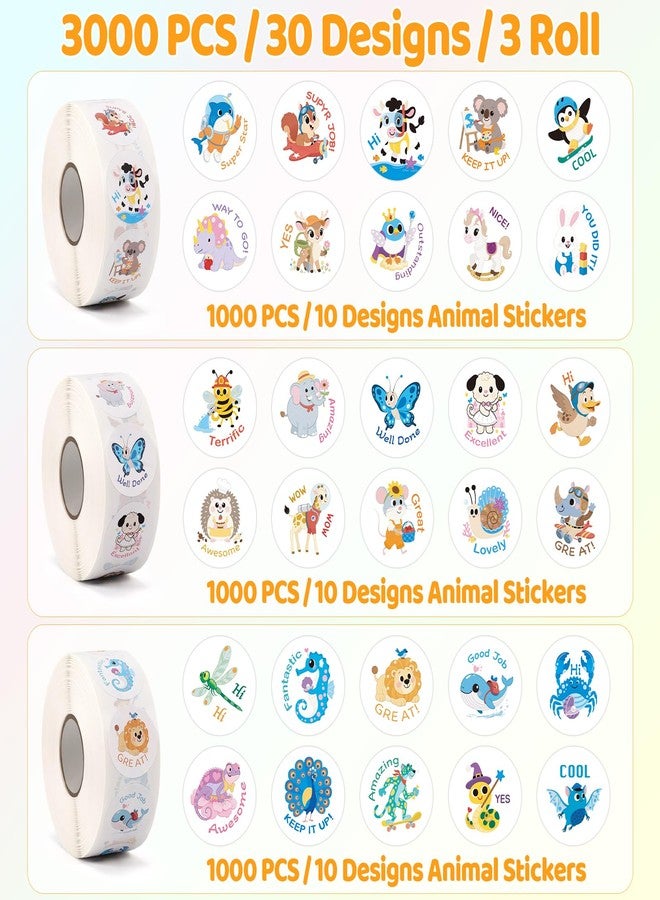 Wercokt 3000 PCS Animal Stickers, 3 Rolls Kids Stickers, 1 Inch, 30 Designs Cute Animal Sticker with Motivational Words, for Kid Reward School Supplies Stickers - Image 2