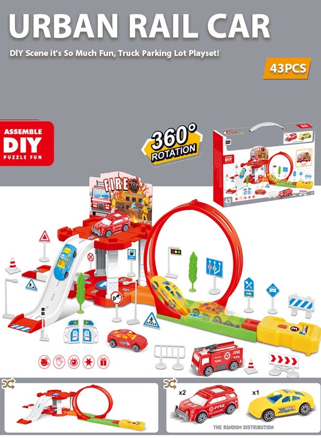 43 قطعة من ألعاب سيارات السكك الحديدية للأطفال، لعبة مسارات سباق البناء، مجموعة سيارات السكك الحديدية الهندسية، لعبة منجنيق سيارة السكك الحديدية المنزلقة المجمعة للأطفال، نموذج سيارة لعبة موقف السيارات، ألعاب للأولاد والبنات فوق سن ثلاث سنوات - Image 1