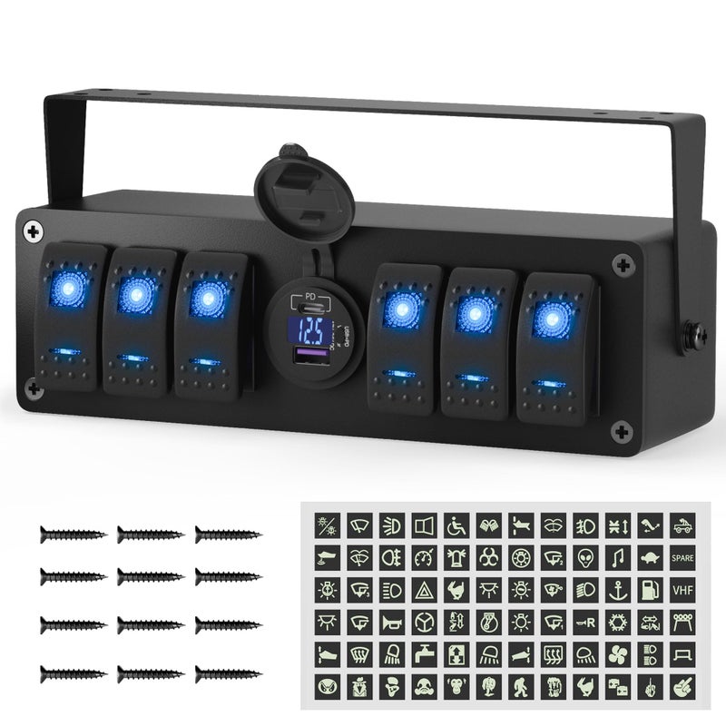 صندوق مفاتيح روكر 6 قنوات مقاوم للماء 12 فولت مع لوحة مفاتيح LED ومخرج USB مزدوج