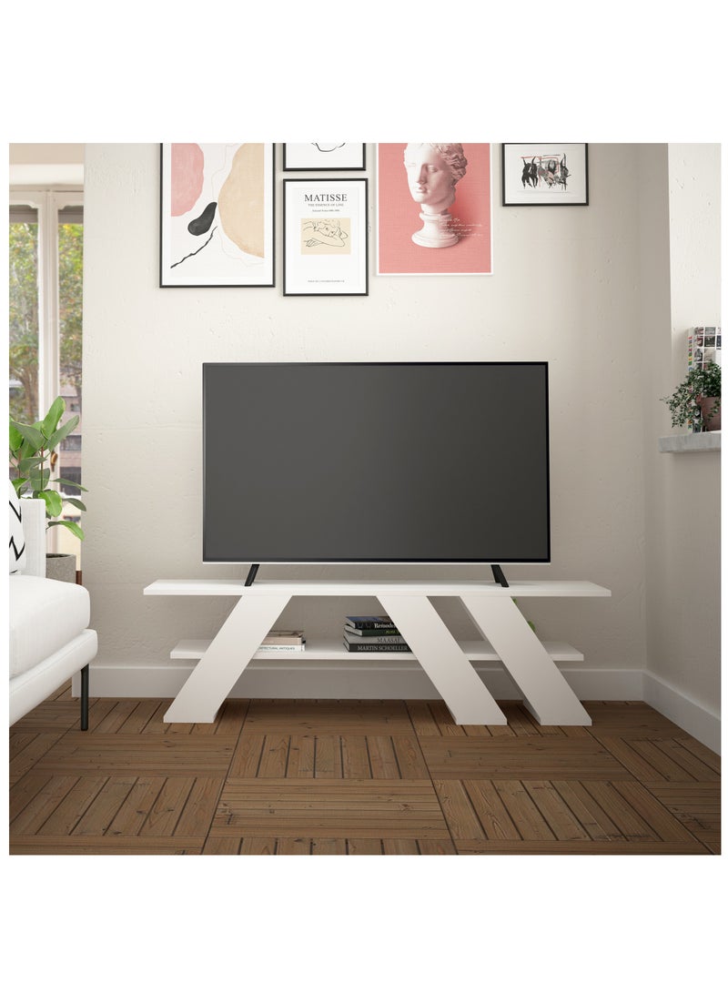موراه حامل تلفزيون عصري من موراه هوم، مناسب لأجهزة التلفزيون حتى ٥٥ بوصة | وحدات تلفزيون عصرية لغرفة المعيشة | خزانة تخزين خشبية برفوف من طبقتين | ١٤٠×٣٤×٤٠ سم | أبيض - Image 1