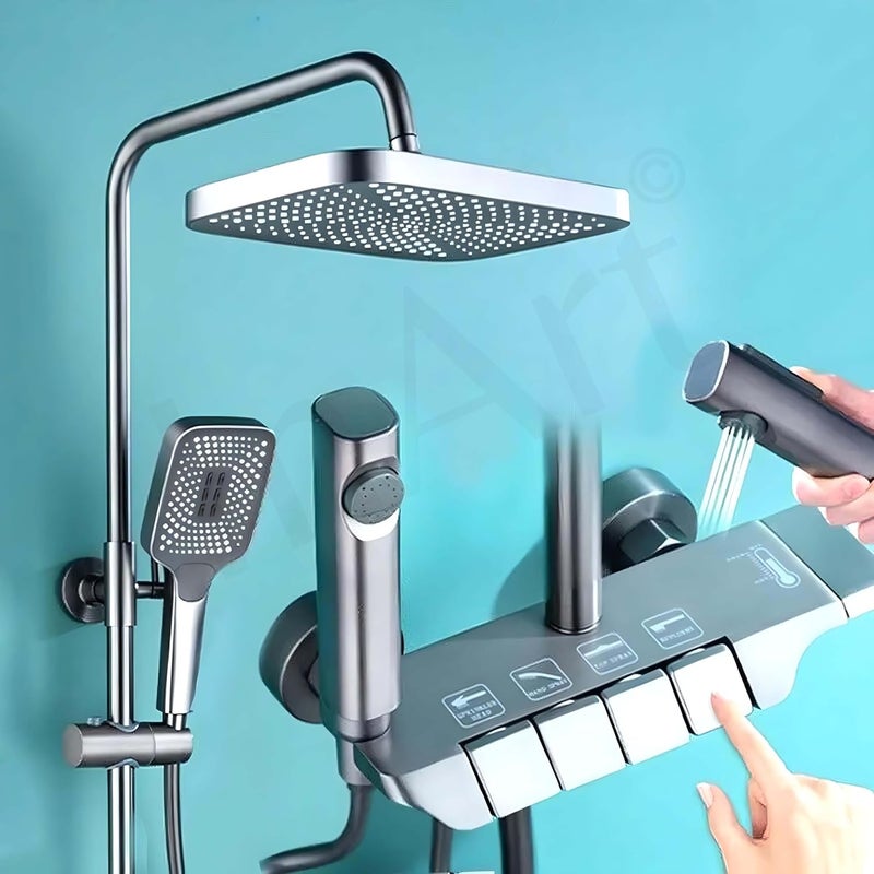 InArt Wall Mixer Shower Panel SS304 Stainless Steel Thermostatic MultiMode Rainfall Waterfall Gun Grey Finish Easy Install Complete Set Gun Grey 1 - Image 1