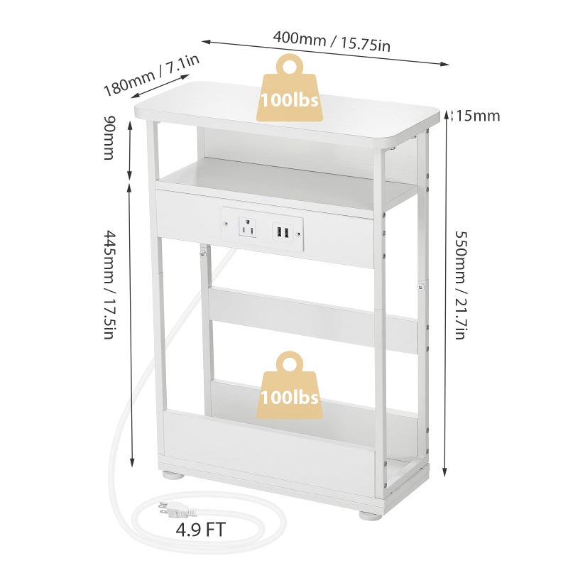 YEAKOO Narrow Side Table with Charging Station, 3-Tier End Table with 2 USB Ports & Power Outlets,Thin Sofa Side Table for Narrow and Small Spaces, Bedside Table Nightstand for Living Room,White - Image 4