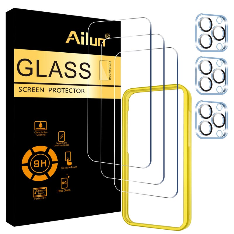 Ailun 3 Pack Screen Protector for iPhone 15 Pro [6.1 inch] + 3 Pack Camera Lens Protector with Installation Frame,Case Friendly Tempered Glass Film,[9H Hardness] - HD - Image 1