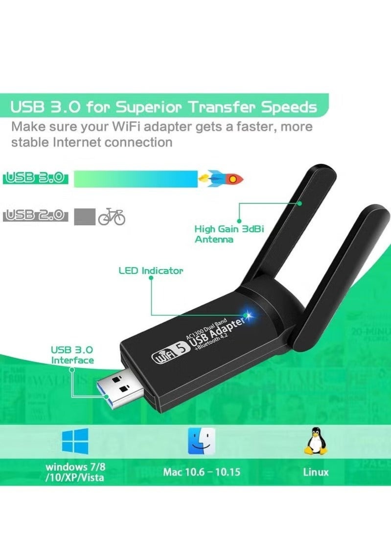 NH USB WiFi Bluetooth Adapter, 1300Mbps Dual Band 2.4/5Ghz Wireless Network External Receiver, Mini WiFi Dongle for PC/Laptop/Desktop - Image 3