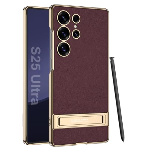 Midkart Leather Case Cover with Kickstand Compatible with Samsung Galaxy S25 Ultra Release 2025 Hard PC Electroplating Finish with Independent Camera Protection Case, Burgundy - Image 1