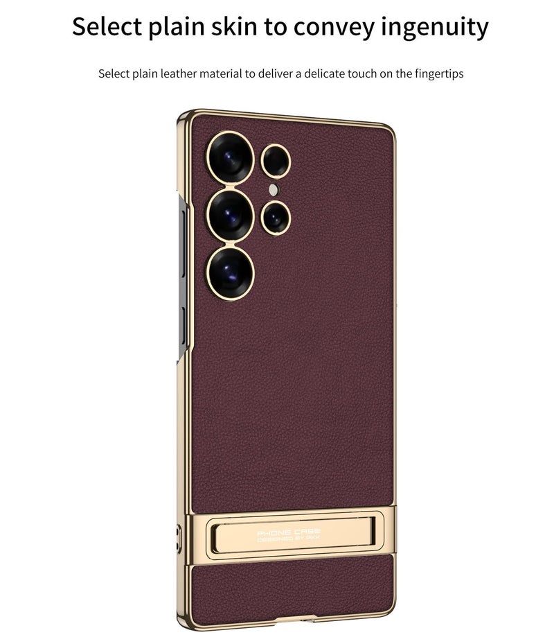 Midkart Leather Case Cover with Kickstand Compatible with Samsung Galaxy S25 Ultra Release 2025 Hard PC Electroplating Finish with Independent Camera Protection Case, Burgundy - Image 3