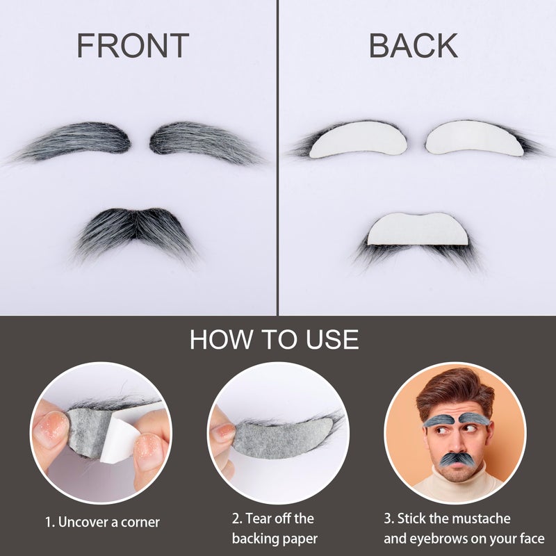 Yan Dream Old Man Mustache and Eyebrows 100 Days of School Grandpa Grey Fake Mustaches for Halloween Party 2Pcs - Image 3