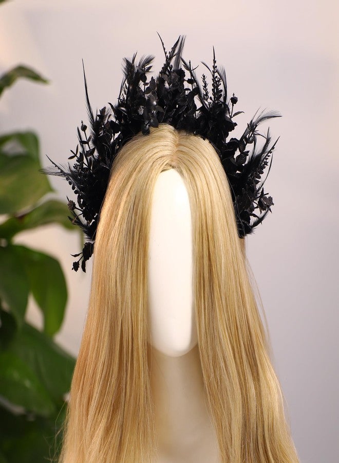 MOSTORY Black Flower Halo Crown - Handmade Gothic Floral Headband with Feather for Women Witch Goth Wedding, Dark Halo Headband for Renaissance Cosplay Photo Shoot - Image 2