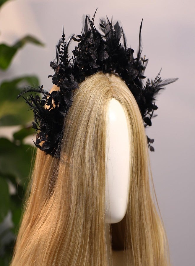 MOSTORY Black Flower Halo Crown - Handmade Gothic Floral Headband with Feather for Women Witch Goth Wedding, Dark Halo Headband for Renaissance Cosplay Photo Shoot - Image 3