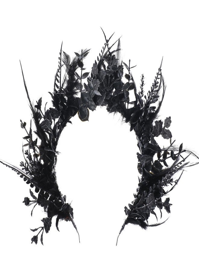 MOSTORY Black Flower Halo Crown - Handmade Gothic Floral Headband with Feather for Women Witch Goth Wedding, Dark Halo Headband for Renaissance Cosplay Photo Shoot - Image 1