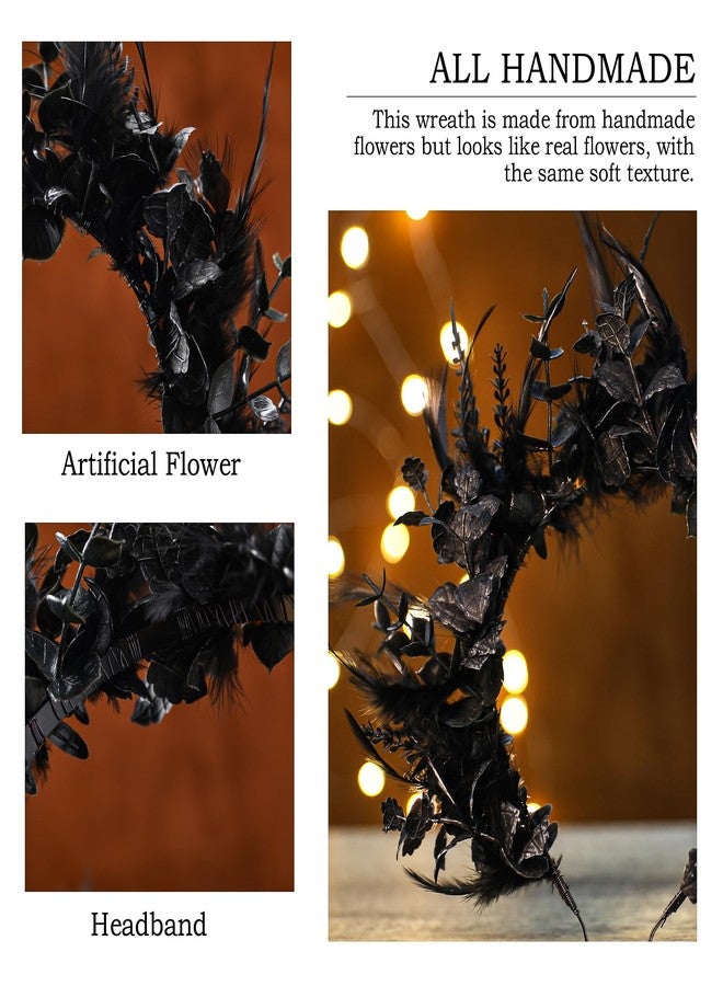 MOSTORY Black Flower Halo Crown - Handmade Gothic Floral Headband with Feather for Women Witch Goth Wedding, Dark Halo Headband for Renaissance Cosplay Photo Shoot - Image 5