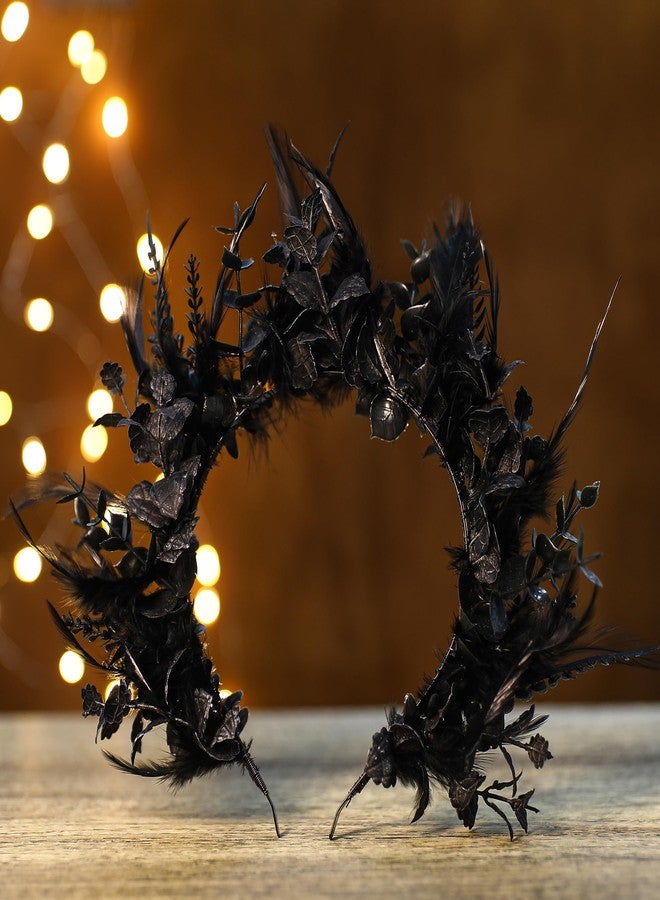MOSTORY Black Flower Halo Crown - Handmade Gothic Floral Headband with Feather for Women Witch Goth Wedding, Dark Halo Headband for Renaissance Cosplay Photo Shoot - Image 4