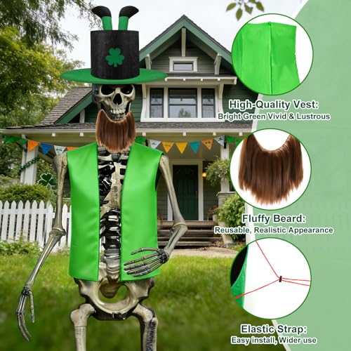 SprintGy 12 FT Skeleton St Patricks Day Outfit, 12ft Skeleton Costume Accessories Including 3D Leprechaun Hat with Golden Top, Vest, Beard , Tie, Banner, Garden Lawn St Patrick's Day Indoor Outdoor Decor - Image 3