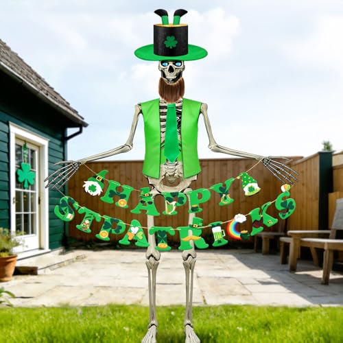 SprintGy 12 FT Skeleton St Patricks Day Outfit, 12ft Skeleton Costume Accessories Including 3D Leprechaun Hat with Golden Top, Vest, Beard , Tie, Banner, Garden Lawn St Patrick's Day Indoor Outdoor Decor - Image 1