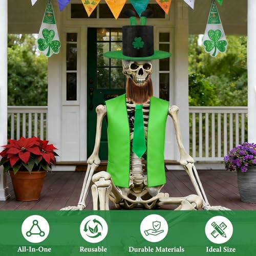SprintGy 12 FT Skeleton St Patricks Day Outfit, 12ft Skeleton Costume Accessories Including 3D Leprechaun Hat with Golden Top, Vest, Beard , Tie, Banner, Garden Lawn St Patrick's Day Indoor Outdoor Decor - Image 5