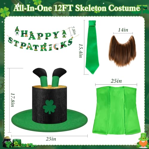 SprintGy 12 FT Skeleton St Patricks Day Outfit, 12ft Skeleton Costume Accessories Including 3D Leprechaun Hat with Golden Top, Vest, Beard , Tie, Banner, Garden Lawn St Patrick's Day Indoor Outdoor Decor - Image 2