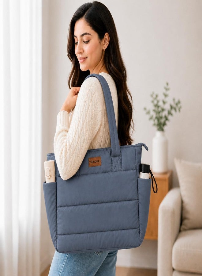 SENORA Quilted Tote Bag for Women | Lightweight Padded Shoulder Handbag | Large Capacity Office, Travel & Daily Use Bag with Side Bottle Pocket & Zipper Closure (Blue-Gray) - Image 3