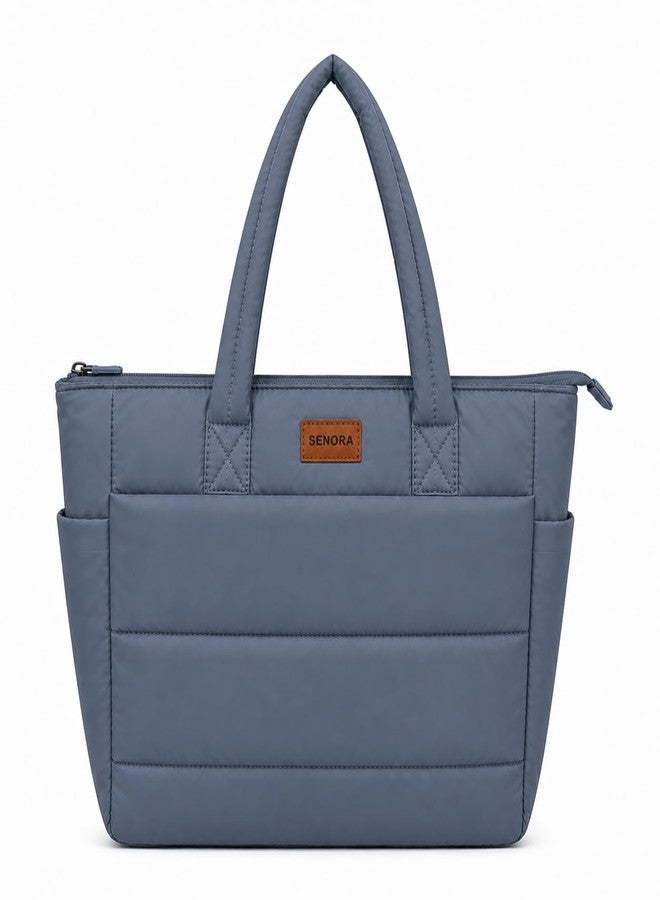 SENORA Quilted Tote Bag for Women | Lightweight Padded Shoulder Handbag | Large Capacity Office, Travel & Daily Use Bag with Side Bottle Pocket & Zipper Closure (Blue-Gray) - Image 1