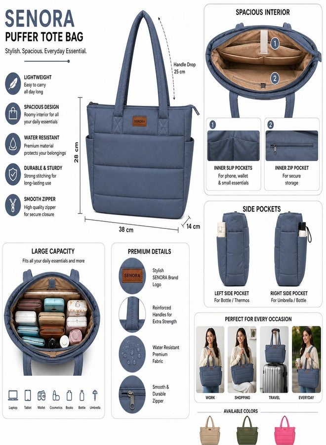 SENORA Quilted Tote Bag for Women | Lightweight Padded Shoulder Handbag | Large Capacity Office, Travel & Daily Use Bag with Side Bottle Pocket & Zipper Closure (Blue-Gray) - Image 5