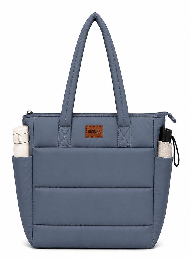 SENORA Quilted Tote Bag for Women | Lightweight Padded Shoulder Handbag | Large Capacity Office, Travel & Daily Use Bag with Side Bottle Pocket & Zipper Closure (Blue-Gray) - Image 2