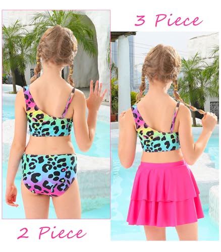 RAISEVERN Little Girls Bathing Suit Size 7-8 3 Piece Swimsuit Adjustable Spaghetti Strap Leopard Bikini Sets with Ruffle Cover Ups Beach Skirt Size 8 Cute Quick Dry Tankini Summer Swimwear - Image 3
