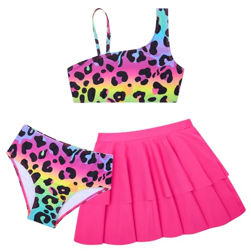 RAISEVERN Little Girls Bathing Suit Size 7-8 3 Piece Swimsuit Adjustable Spaghetti Strap Leopard Bikini Sets with Ruffle Cover Ups Beach Skirt Size 8 Cute Quick Dry Tankini Summer Swimwear - Image 1