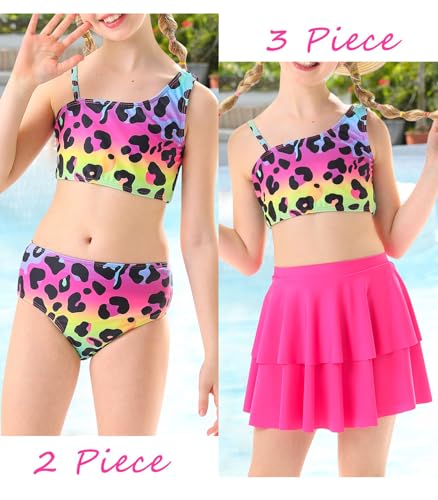 RAISEVERN Little Girls Bathing Suit Size 7-8 3 Piece Swimsuit Adjustable Spaghetti Strap Leopard Bikini Sets with Ruffle Cover Ups Beach Skirt Size 8 Cute Quick Dry Tankini Summer Swimwear - Image 2